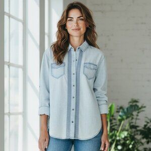 Knox Rose Embellished Chambray Button Up Shirt Sz XS Blue #222A